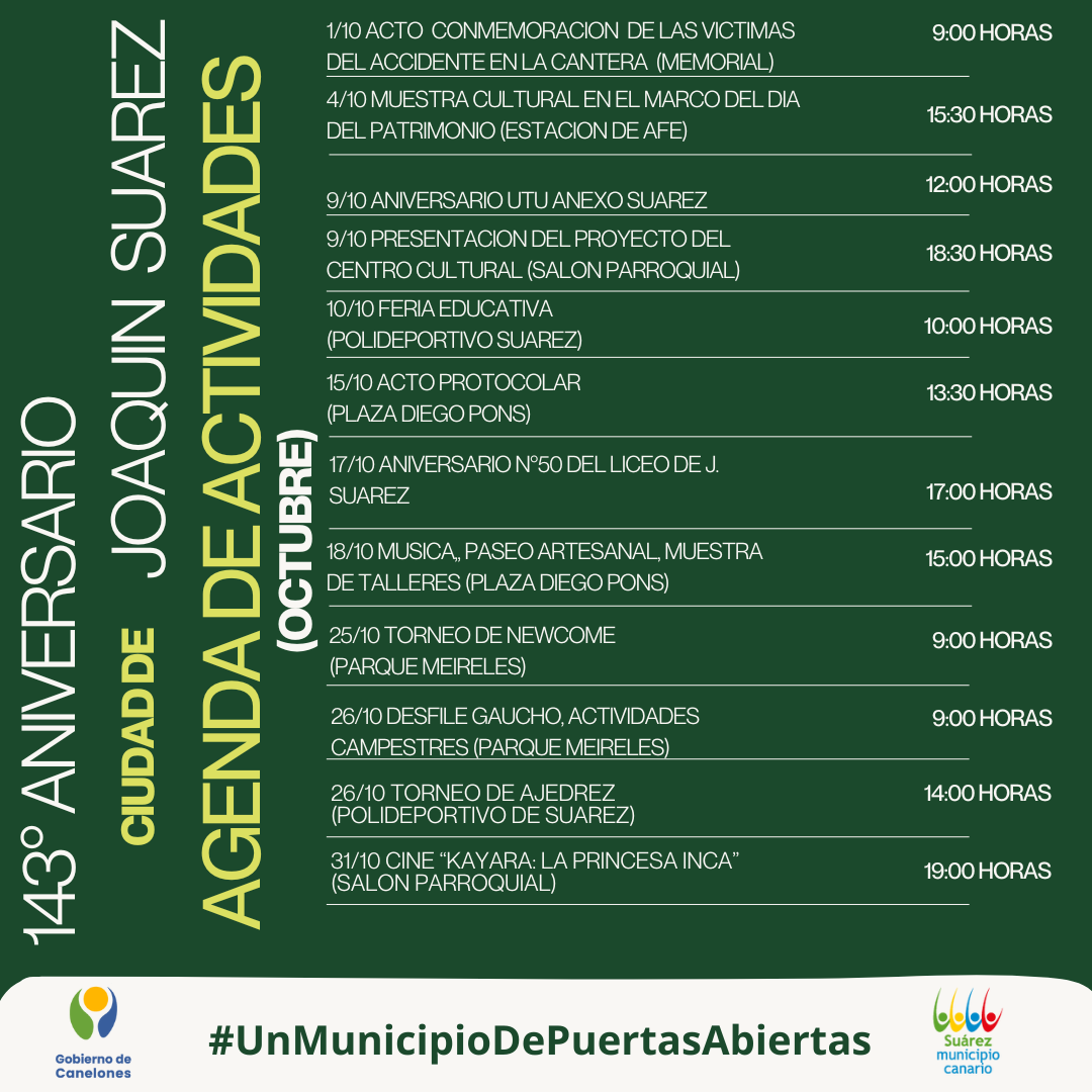 AGENDA DE ACTIVIDADES EN EL MARCO DEL ANIVERSARIO N°143 DE LA CIUDAD DE JOAQUIN SUAREZ.