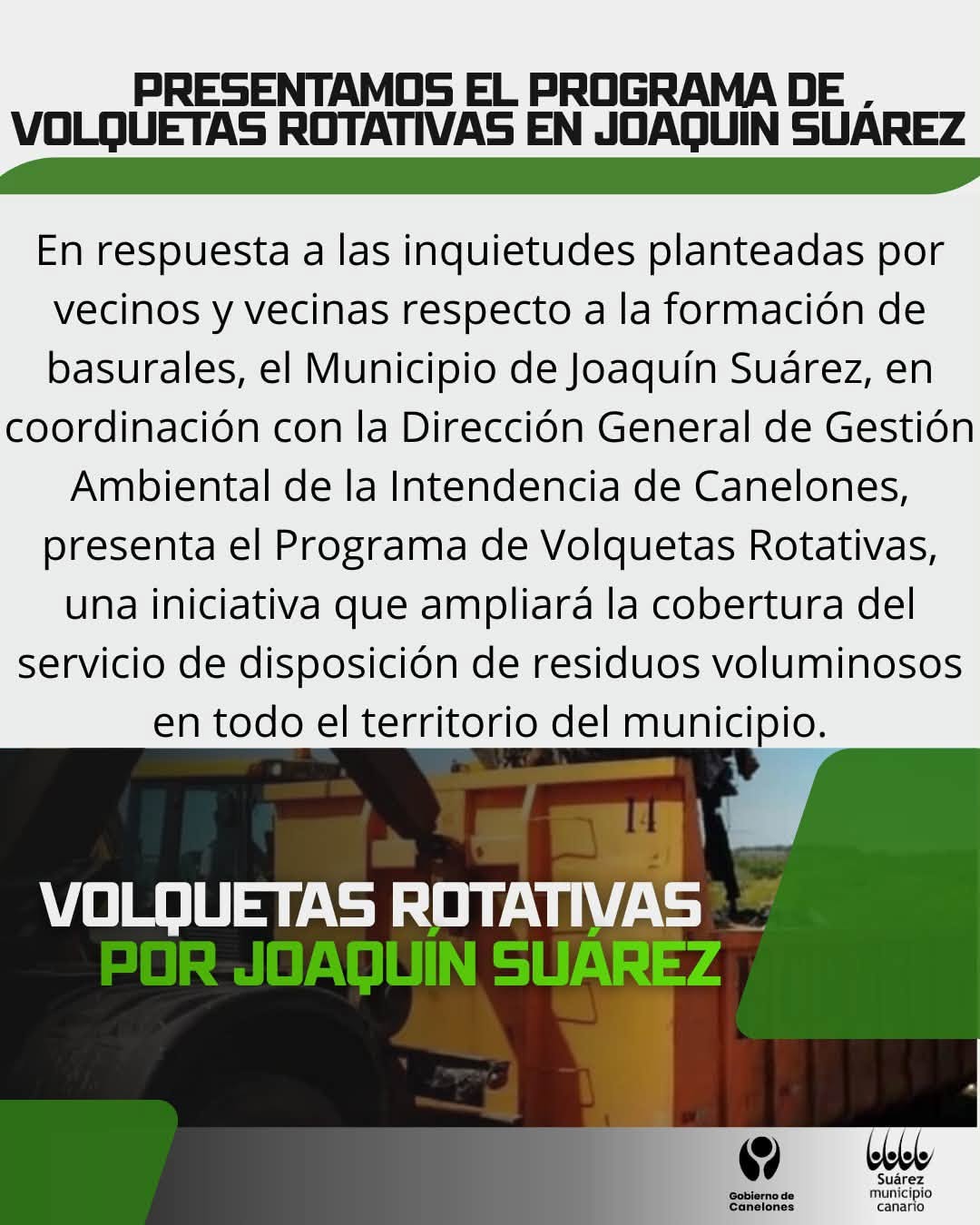 PRESENTAMOS EL PROGRAMA DE VOLQUETAS ROTATIVAS EN JOAQUÍN SUÁREZ